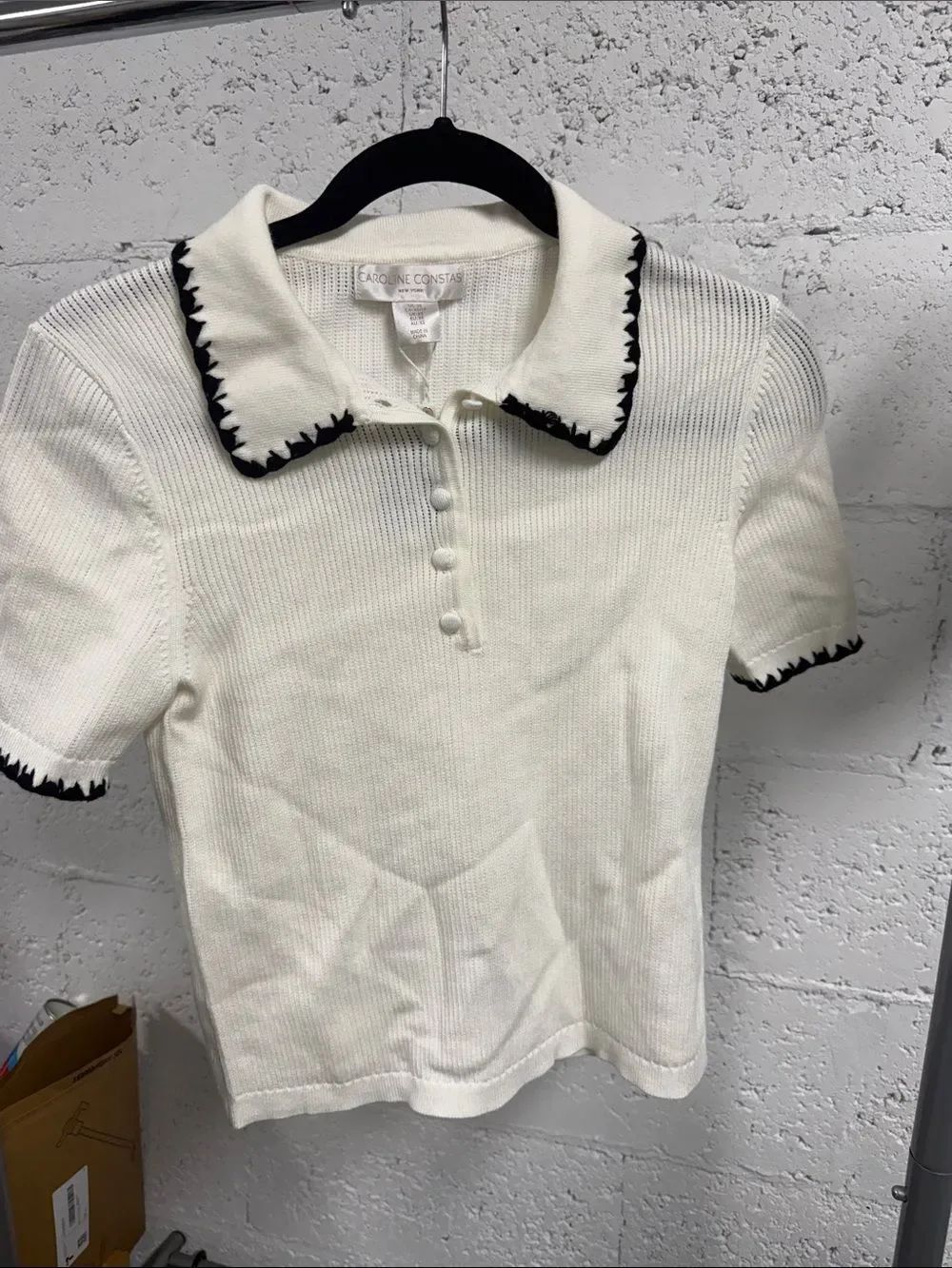 Caroline Constas Ivory Knit Polo with Black Scallop Trim Size XS - LIKE NEW